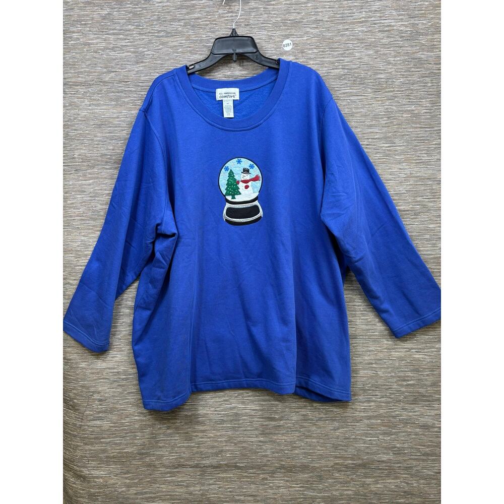 All American Comfort Shirt Womens 4X Blue Snowman Fleece 3/4 Sleeve Tunic Top